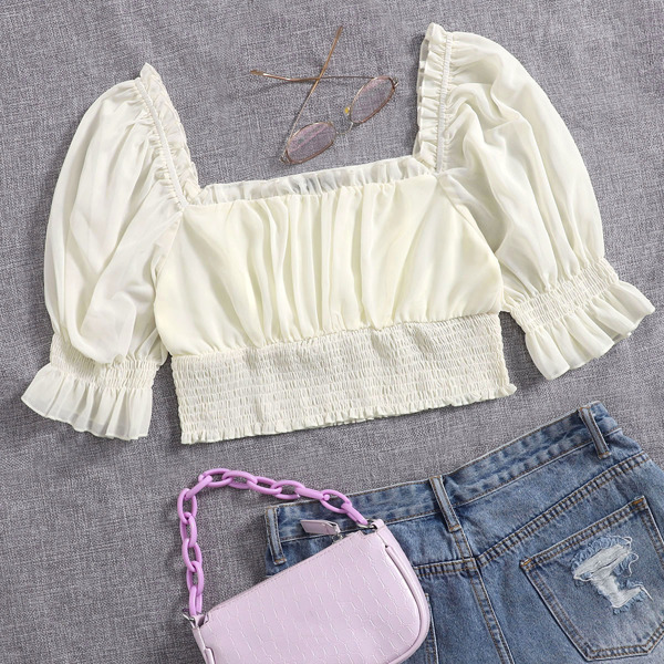 

Shirred Waist Crop Top, Apricot