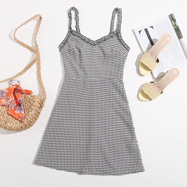 

Gingham Frill Trim Cami Dress, Black and white