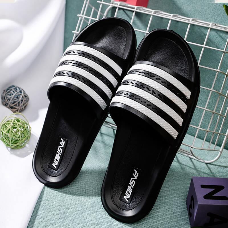 

Guys Open Toe Striped Slides, Black and white