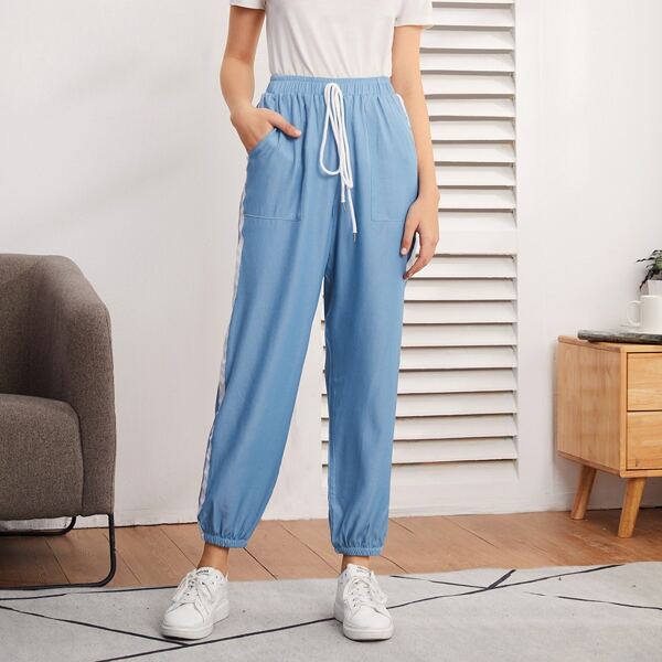 

Side Tape Tie Front Tapered Pants, Blue