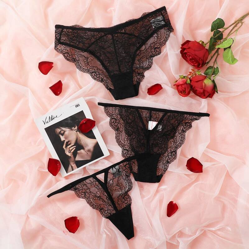 

3pack Scallop Trim Lace Panty Set, Black