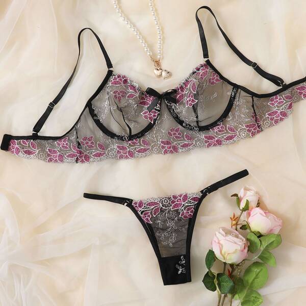 

Floral Embroidery Sheer Mesh Underwire Lingerie Set, Violet purple