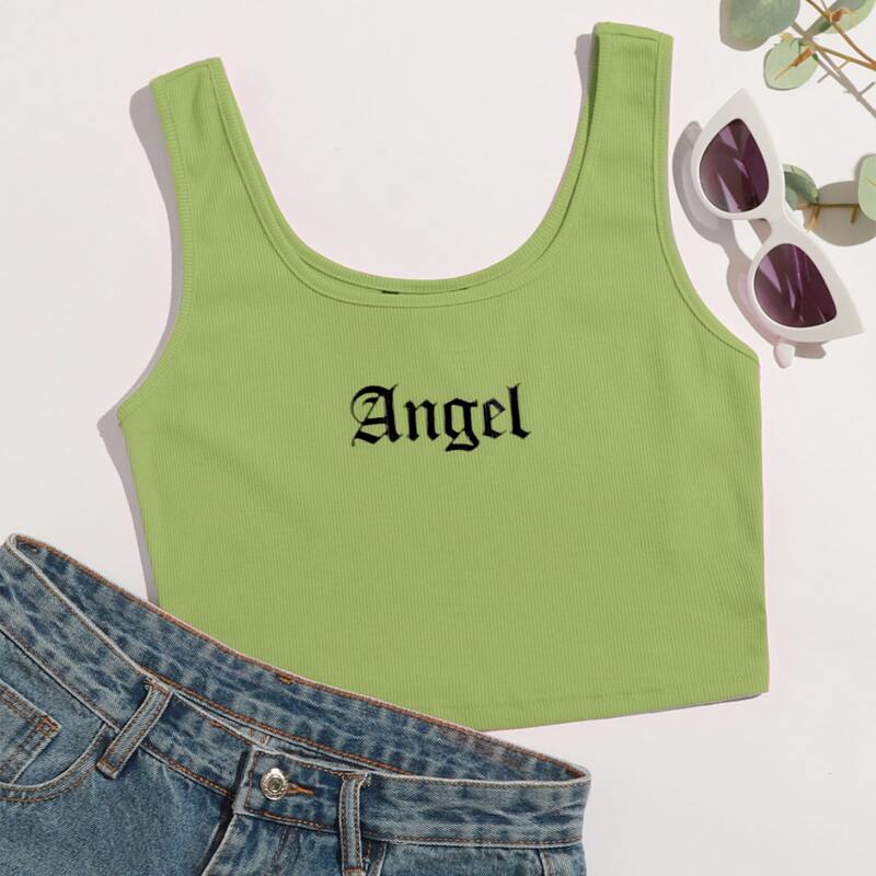

Letter Graphic Rib-knit Crop Top, Lime green