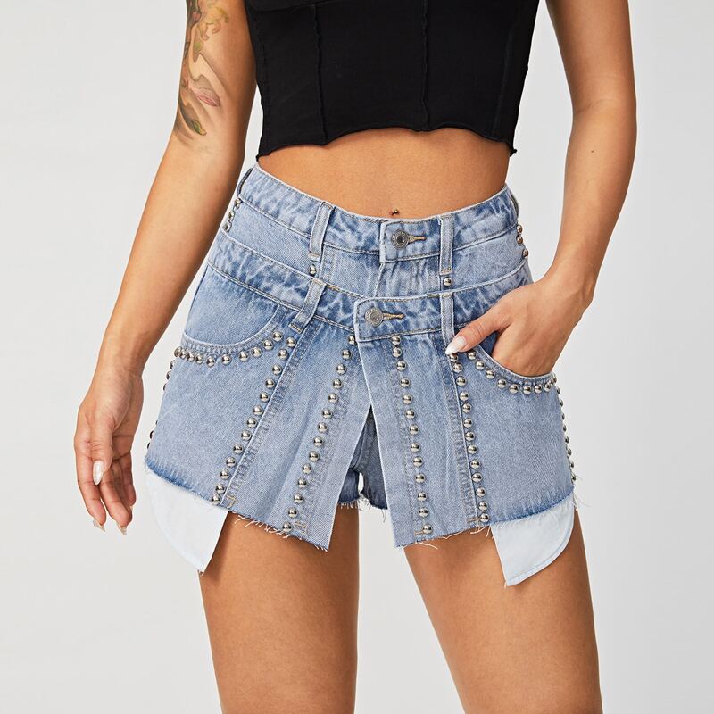 

Studded Detail Denim Shorts, Light wash