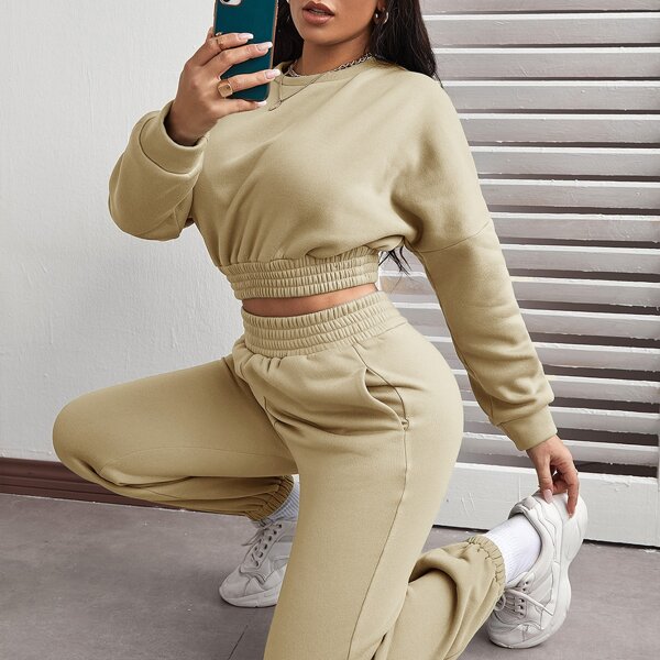 

Drop Shoulder Crop Thermal Pullover & Sweatpants Set, Apricot