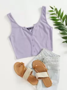 Muchica Notched Neck Button Front Tank Top - Lilac Purple - View 1