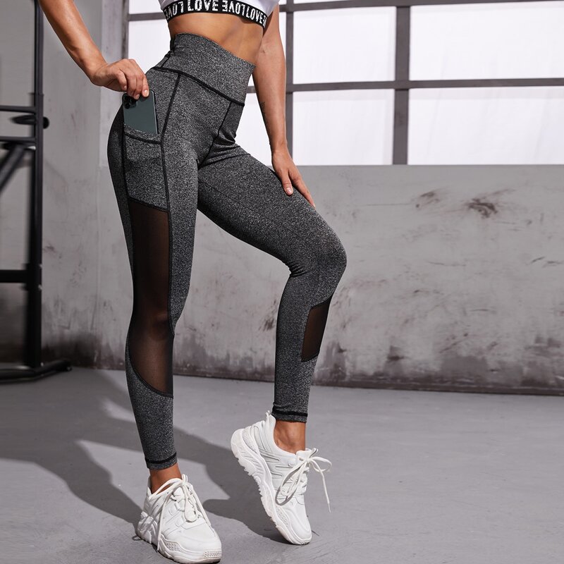 

Contrast Mesh Sports Leggings With Phone Pocket, Dark grey