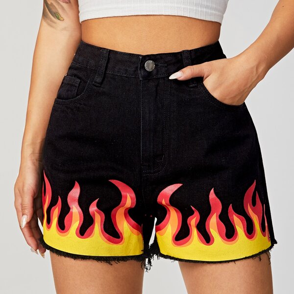 

Fire Print Raw Hem Denim Shorts, Black