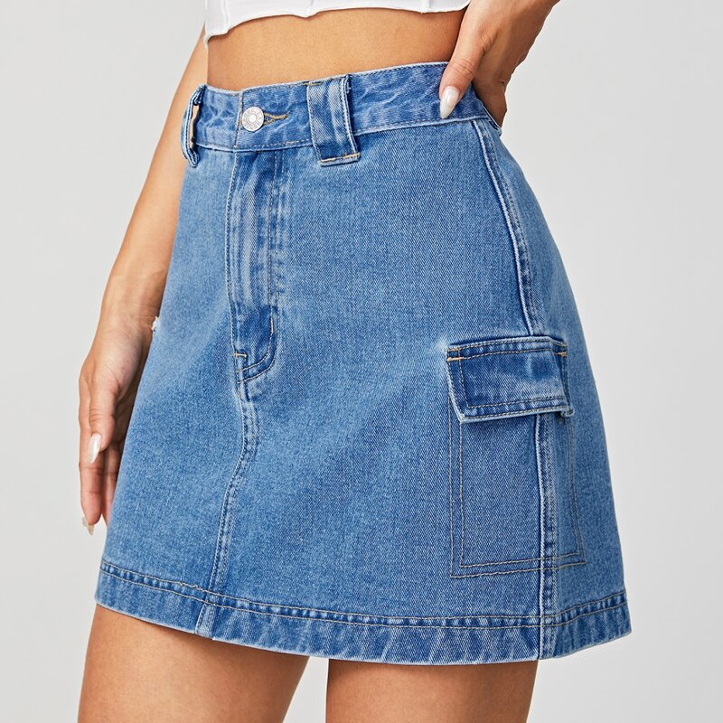 

High Waist Flap Detail Denim Skirt, Medium wash