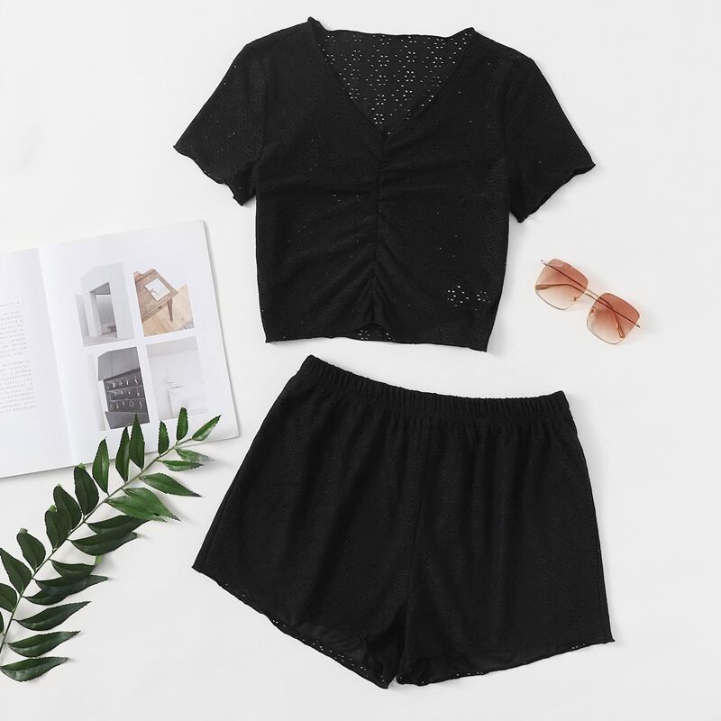 

Ruched Front Top & Shorts, Black