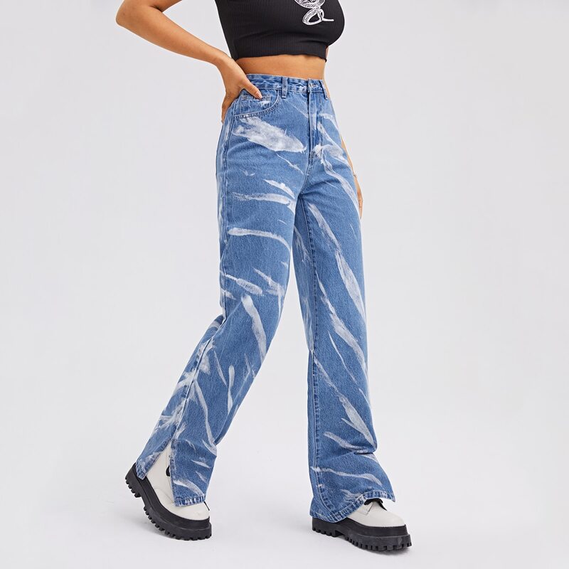 

High Waist Split Hem Straight Leg Jeans, Medium wash