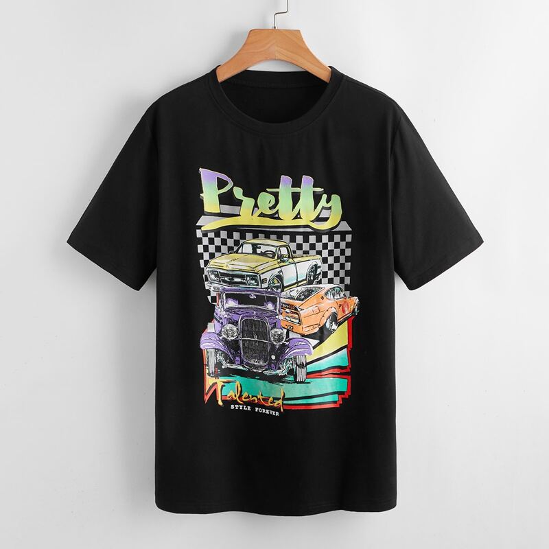

Car & Letter Graphic Oversized Tee, Black