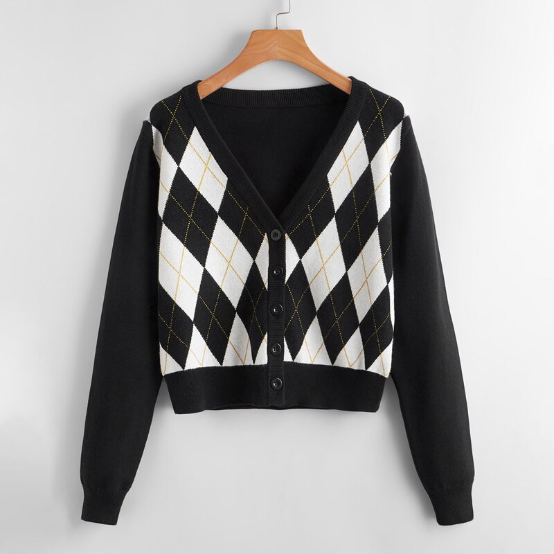

Argyle Button Front Cardigan, Black and white