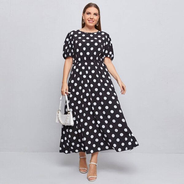 

Plus Polka Dot Puff Sleeve A-line Dress, Black