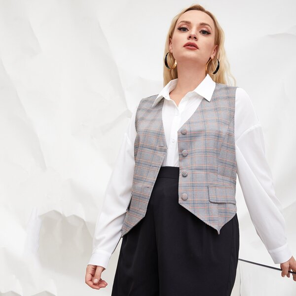 

Plus Plaid Covered Button Blazer Vest, Multicolor