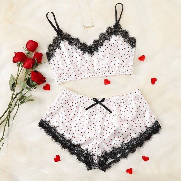 

Plus Heart Print Satin Lingerie Set, Beige