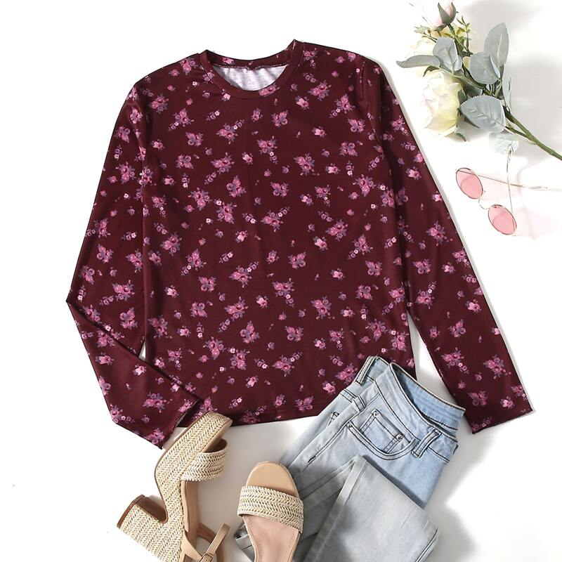 

Ditsy Floral Print Tee, Burgundy