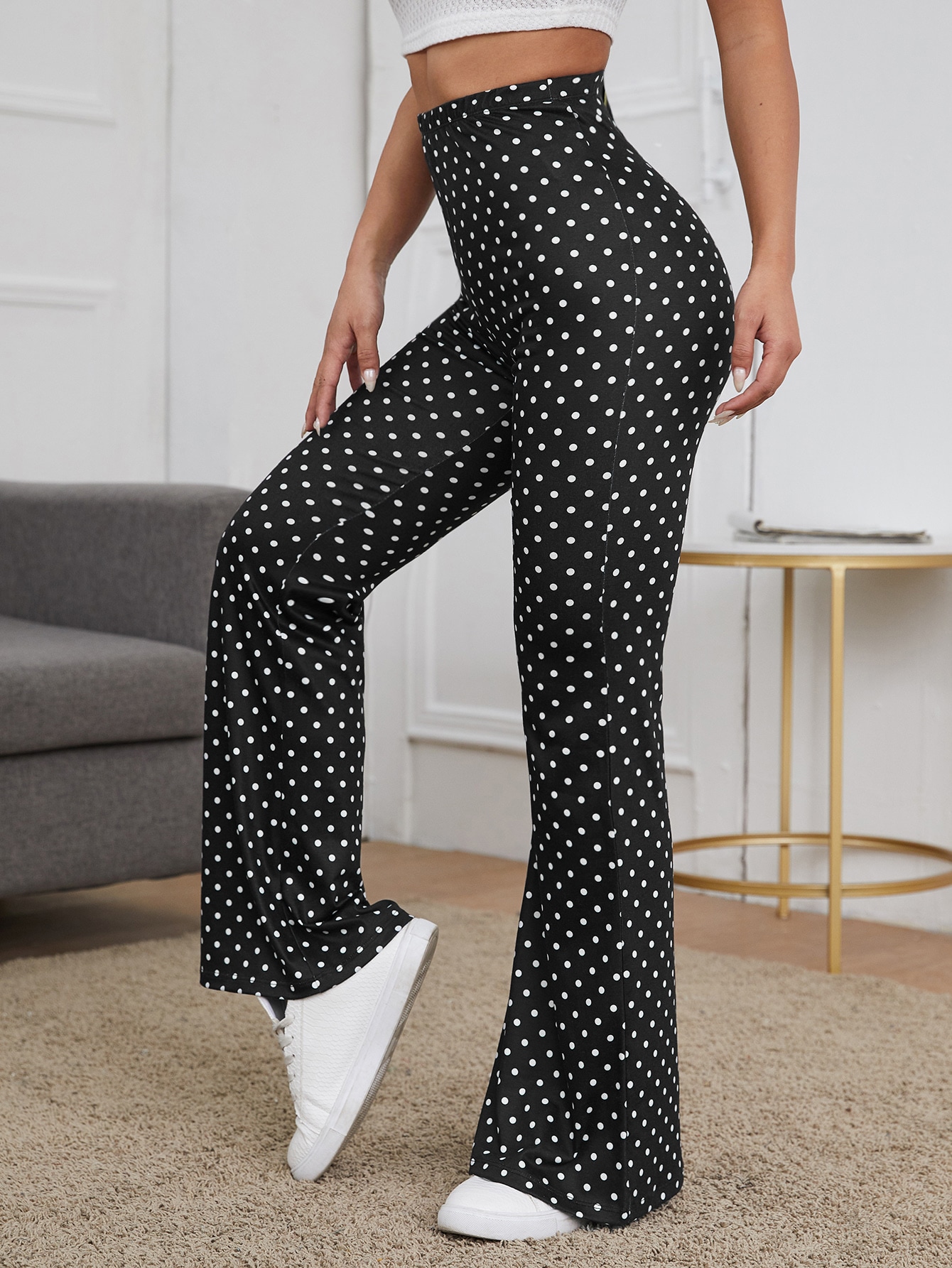 High Waist Polka Dot Flare Leg Pants thumbnail