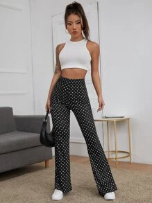 SHEIN LUNE Pantalones de pierna amplia de lunares de cintura alta - Negro - Ver 4