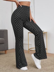 SHEIN LUNE Pantalones de pierna amplia de lunares de cintura alta - Negro - Ver 5