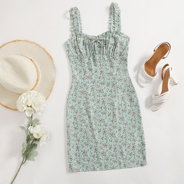 

Frilled Tie Front Ruched Bust Ditsy Floral Dress, Multicolor