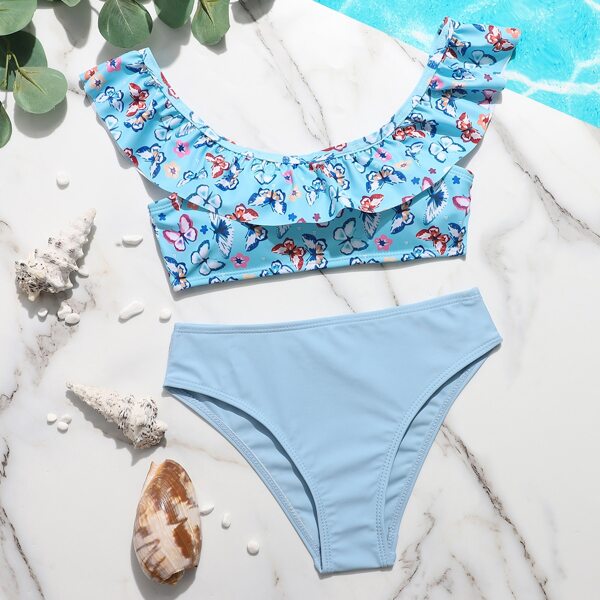 

Girls Butterfly Print Ruffle Bikini Swimsuit, Baby blue