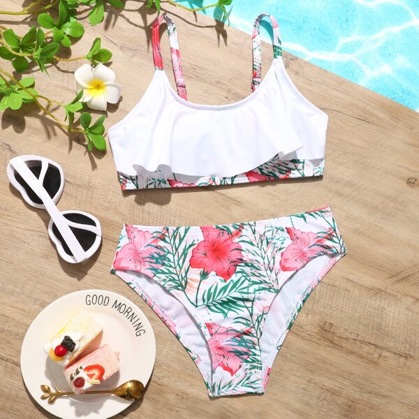 

Girls Floral Ruffle Hem Bikini Swimsuit, Multicolor