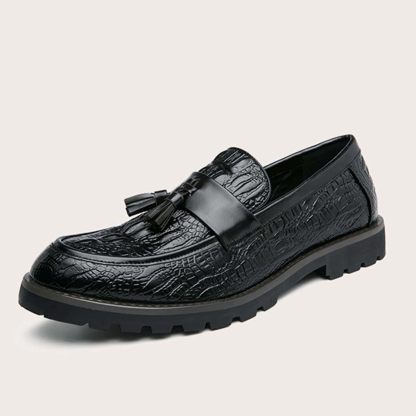 

Men Tassel Charm Croc Embossed Loafers, Black