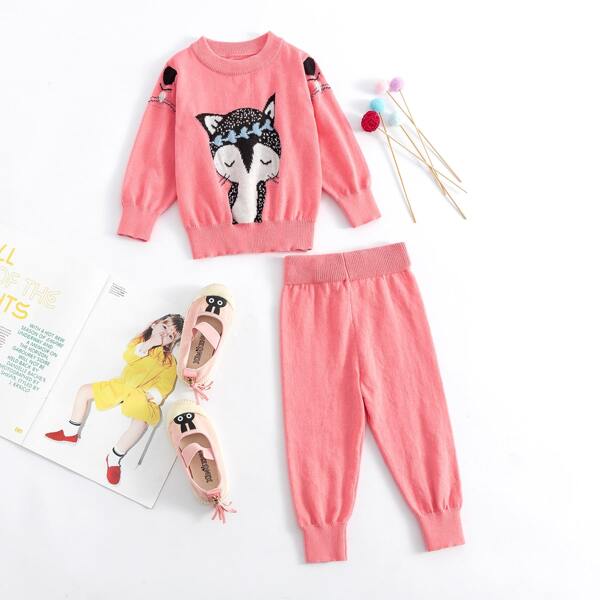 

Baby Girl Cartoon Pattern Sweater & Knit Pants, Pink