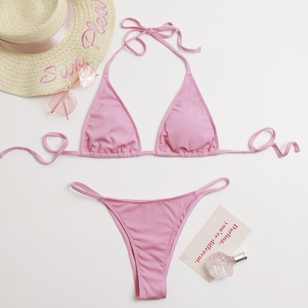 

Rib Micro Triangle Thong Bikini Swimsuit, Baby pink