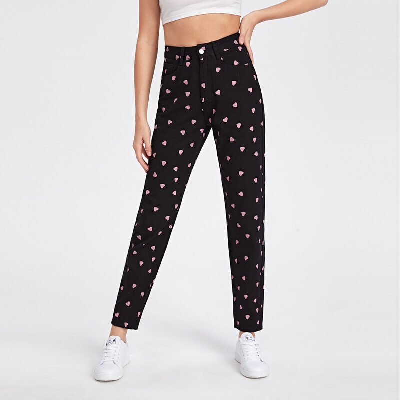 

High Waist Heart Print Mom Jeans, Black