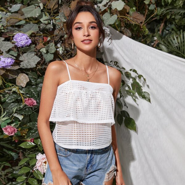

Hallow Out Sheer Crop Cami Top, White