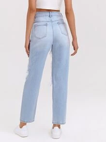 Jeans rotos de pierna recta de cintura alta - Lavado ligero - Ver 2