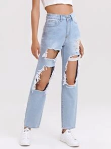 Jeans rotos de pierna recta de cintura alta - Lavado ligero - Ver 3
