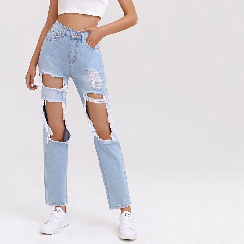 

High Waist Ripped Straight Leg Jeans, Light wash