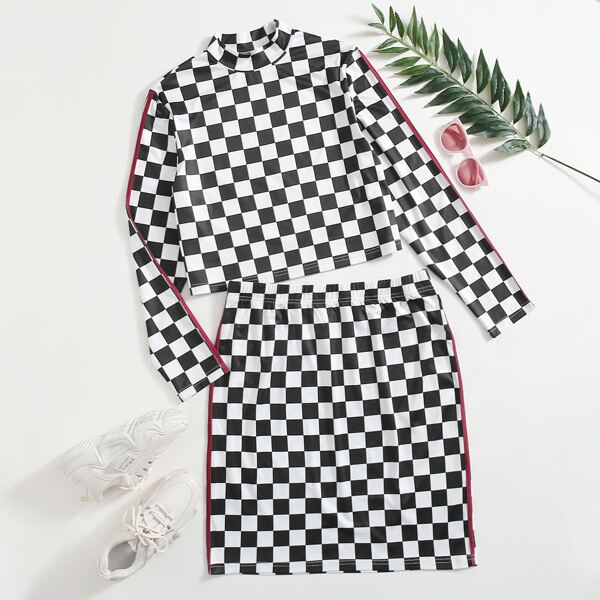 

Plus Checkerboard Mock Neck Tee With Skirt, Black and white