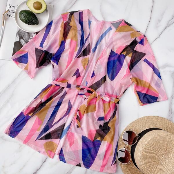 

Allover Graphic Mesh Knot Front Kimono, Multicolor