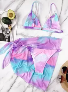 SHEIN Swim Summer Beach 3packs Tie Dye Bikini Set & Cover Up - Multicolor - View 2