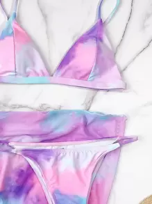 SHEIN Swim Summer Beach 3packs Tie Dye Bikini Set & Cover Up - Multicolor - View 5