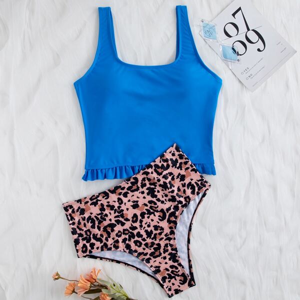 

Leopard Ruffle Hem Bikini Swimsuit, Multicolor