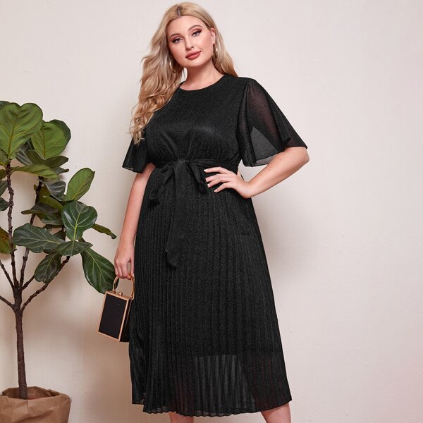 

Plus Butterfly Sleeve Pleated Hem Belted Glitter Dress, Black