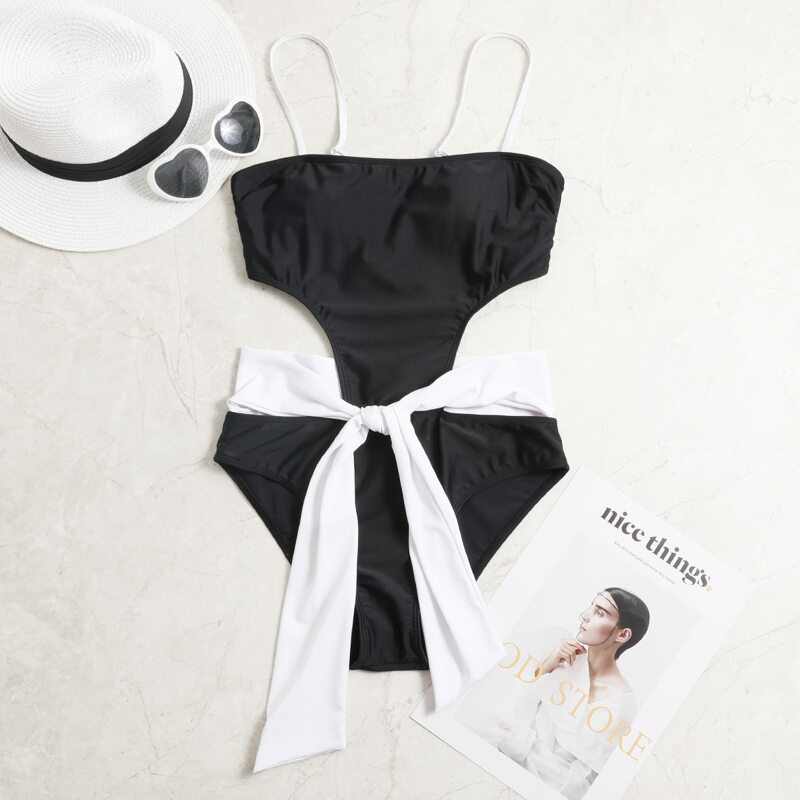 

Cut-out Knot Front One Piece Swimsuit, Black