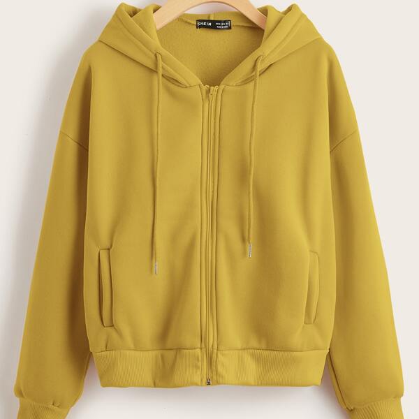 

Drop Shoulder Zip Up Thermal Drawstring Hoodie, Bright mustard yellow