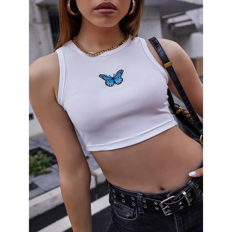 

Butterfly Embroidery Rib-knit Tank Top, White