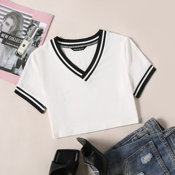 

трикотажный Полосатый Повседневный Футболки, Белый