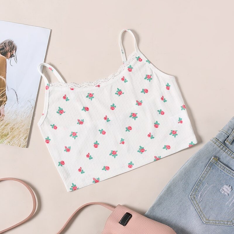 

Lace Trim Floral Cami Crop Top, White