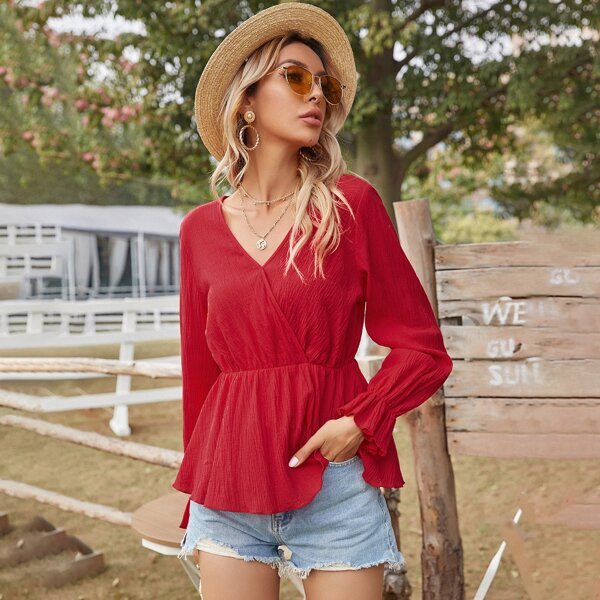 

Surplice Neck Flounce Sleeve Peplum Blouse, Red