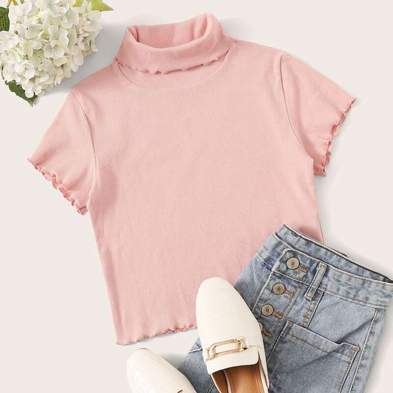 

Lettuce Edge High Neck Tee, Baby pink