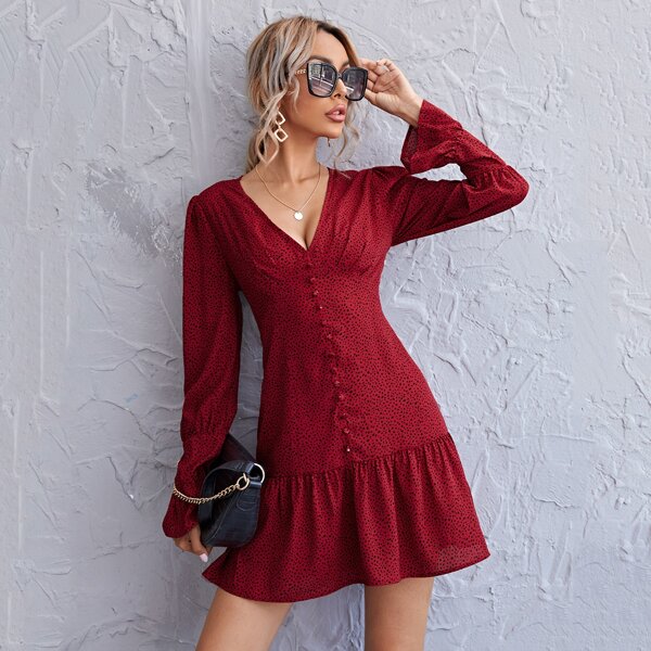

Bell Sleeve Button Front Ruffle Hem Dalmatian Dress, Red