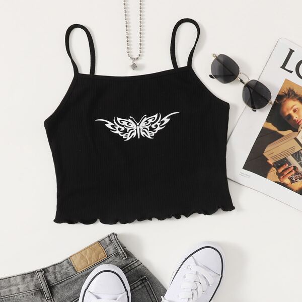 

Butterfly Print Lettuce Trimed Crop Cami Top, Black